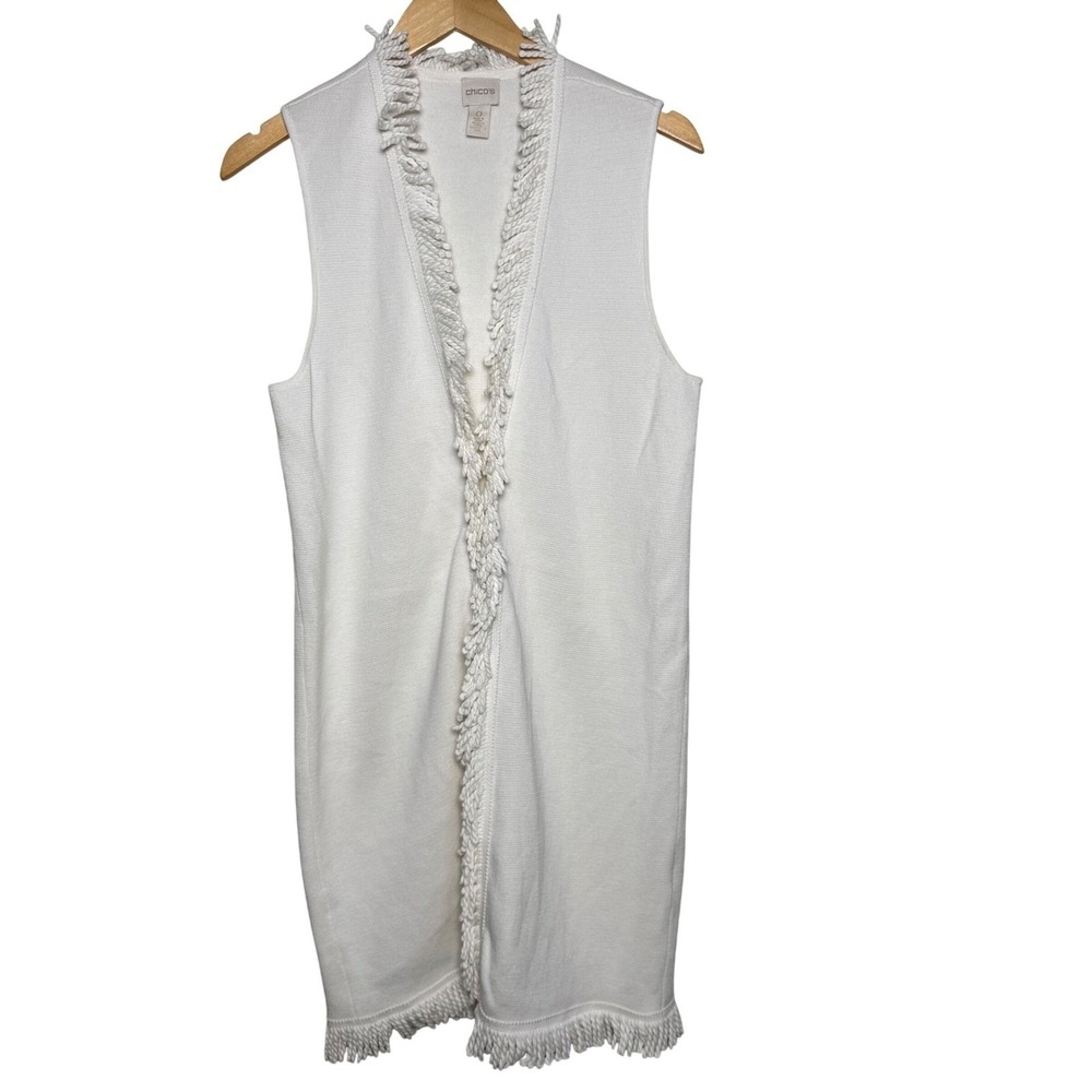 Chico's Size 0 Small Duster Sleeveless Open Front Cream White Fringe Long‎ BOHO